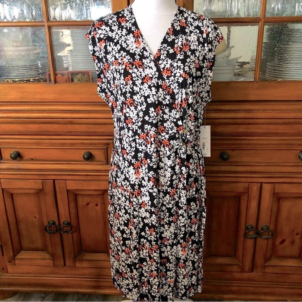 Liz Claiborne Black Floral Midi Dress with White and Orange Flowers NWT